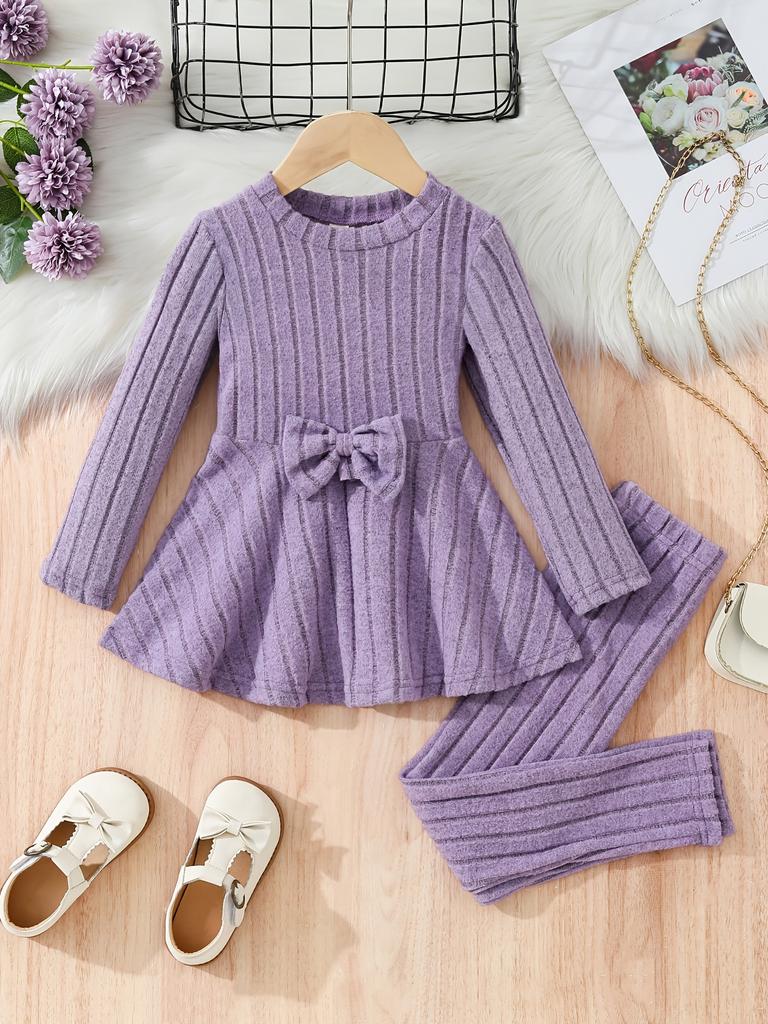 Шикарный комплект для девочек: платье с длинным рукавом и бантом и брюки - Уютная флисовая подкладка, однотонный, машинная стирка - Идеально для осени/зимы, идеально для улицы