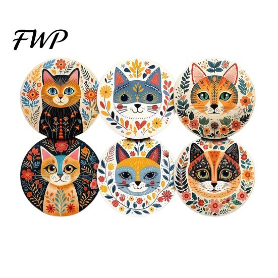 Anti-skid Wood Coasters for Tables 6 Pcs Cute Cat Coasters, Thick Heat-Resistant Coaster Tabletop Protection, Siamese Pattern Table Pads Non