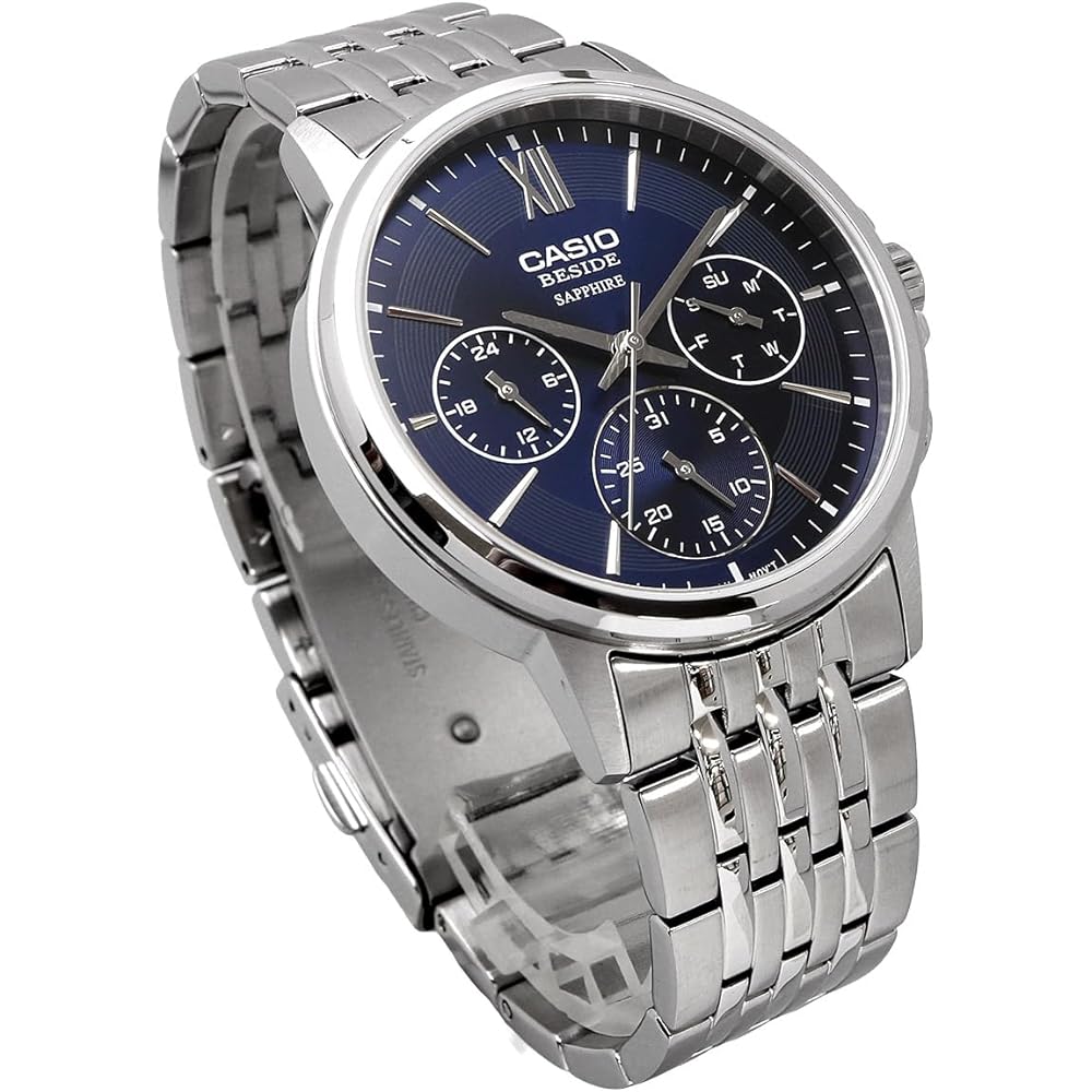 Мужские кварцевые часы Casio Beside Сапфировое стекло Браслет из нержавеющей стали 24-часовой формат Отображение даты Синий BMS-300D-2AV