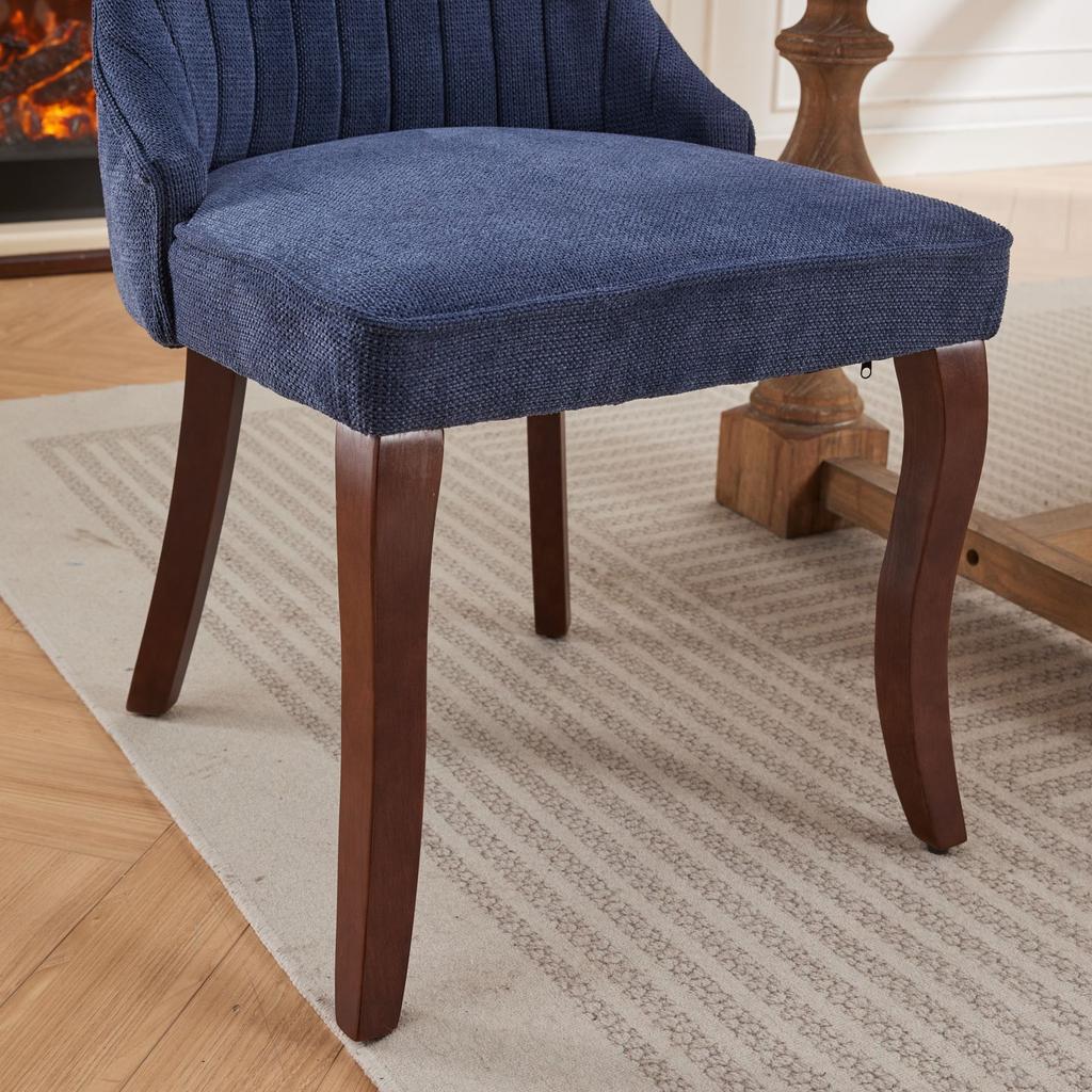 Rayon Cloth Flocking Linen Dining Chairs with Curved Solid Wood Legs, Set of 2 (Blue), DE1847BL