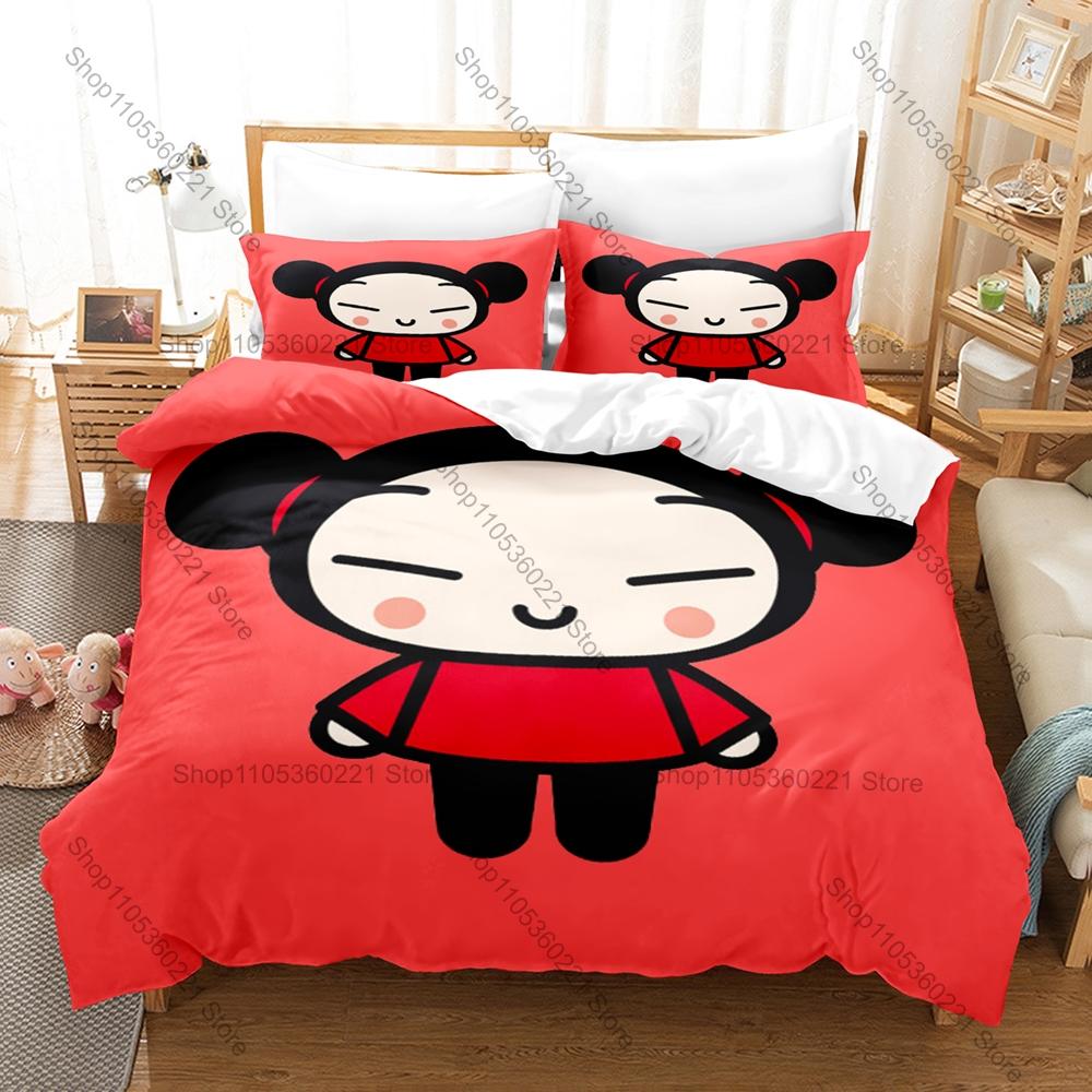 Милый пододеяльник с принтом персонажа Pucca + 2 наволочки, Уютный комплект постельного белья из микрофибры, Идеально подходит в качестве сюрприза для любителей аниме