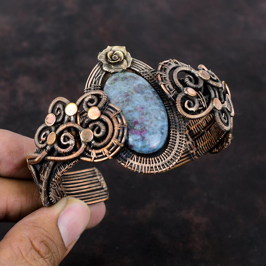 Ruby In Blue Kyanite Bangle Copper Wire Wrapped Cuff Bracelet Handmade Gemstone Jewelry Adjustable Cuff Bracelet Flower Jewelry Gift For Him