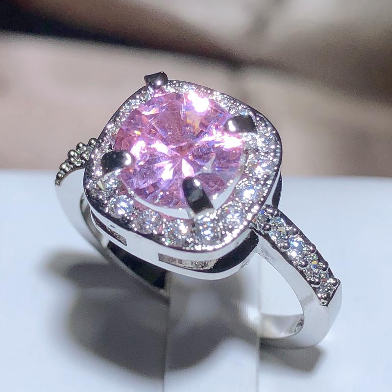 Штамп 925, Новая мода, розовое кольцо с цирконием, квадратное кольцо с четырьмя когтями, милые ювелирные изделия для свадебной вечеринки, подарки, оптовая продажа