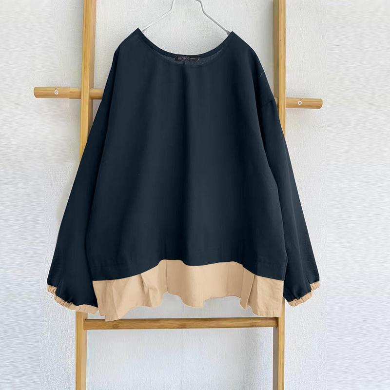ZANZEA Женские осенние блузки с круглым вырезом и длинными рукавами в стиле колор-блок