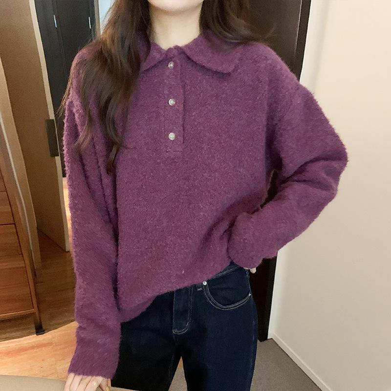 Мягкий и вощеный однотонный свитер с воротником поло для женщин на осень и зиму, новый тонкий, свободный, универсальный, теплый, ленивый свитер