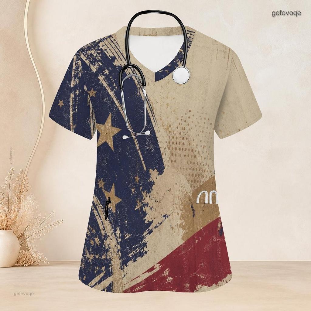 Women Plus Size V Neck Short Sleeve Printed Nurse Scrub Top With Front Pockets