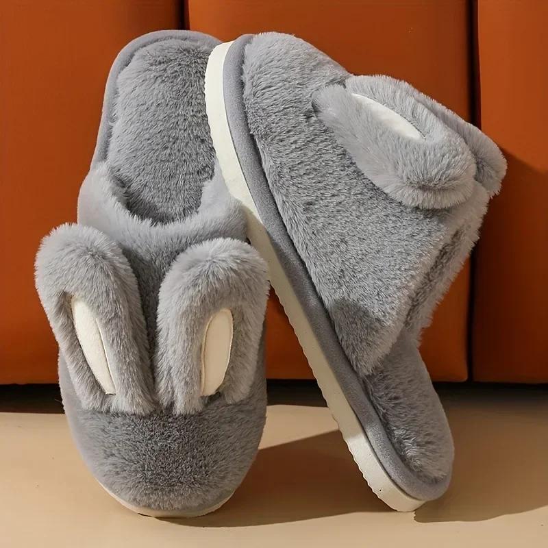 Fashion Women Cotton Slippers 2025 Winter Plush Cute Rabbit Comfortable Anti Slip Home Indoor Floor Warm Cartoon Slippers Mujer