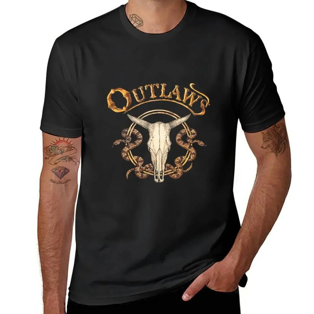 Винтажная одежда Одежда в стиле хиппи Мужские футболки The Outlaws Южно-роковая группа Горячая распродажа Черная футболка Оверсайз Мужская одежда