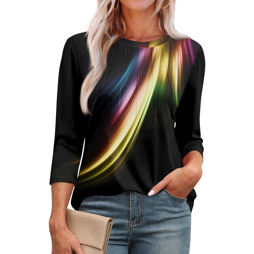 Модная футболка с круглым вырезом, рукавом 3/4, принтом, повседневная базовая плиссированная футболка-пуловер