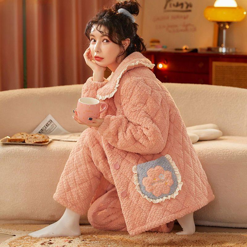 Коралловая бархатная пижама женская зимняя трикотажная стеганая куртка из толстой фланели корейский кашемировый женский комплект домашней одежды можно носить на улице