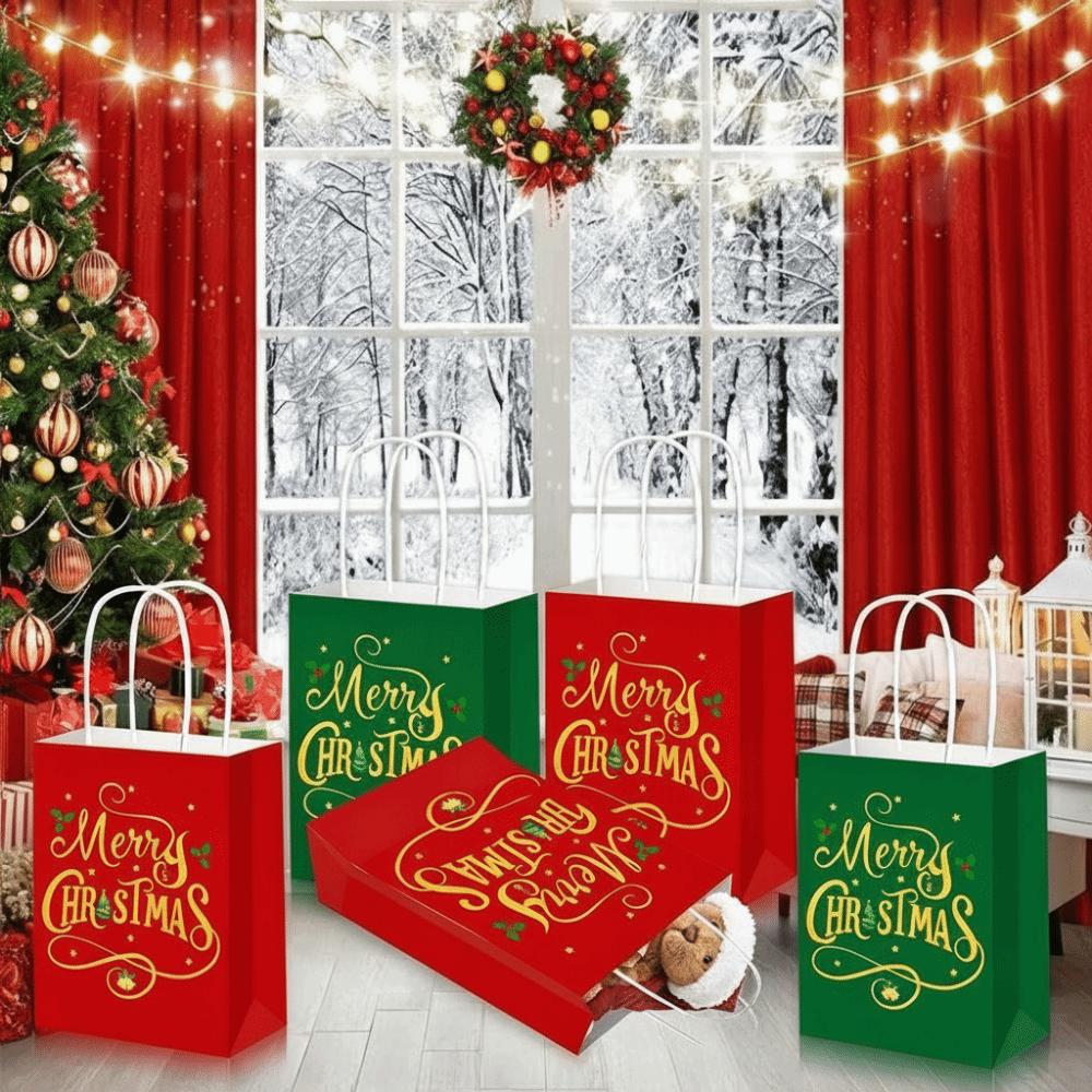 12 Pcs Christmas Gift Bags With Handles Kraft Christmas Bags Paper Goodie Bags For Xmas Decor