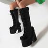 GIGIFOX Fur Super Chunky High Heel Platform Mid-Calf Boots For Women Faux Suede Round Toe Side Zipper Lace-Up Warm Casaul Boots