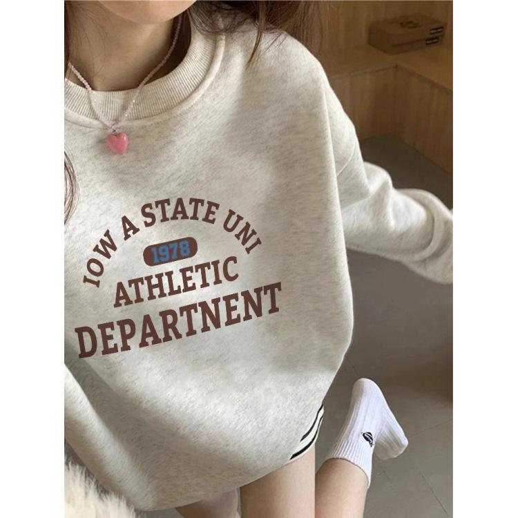 White gray round neck pullover sweater women's new popular autumn and winter velvet loose large size top jacket tide