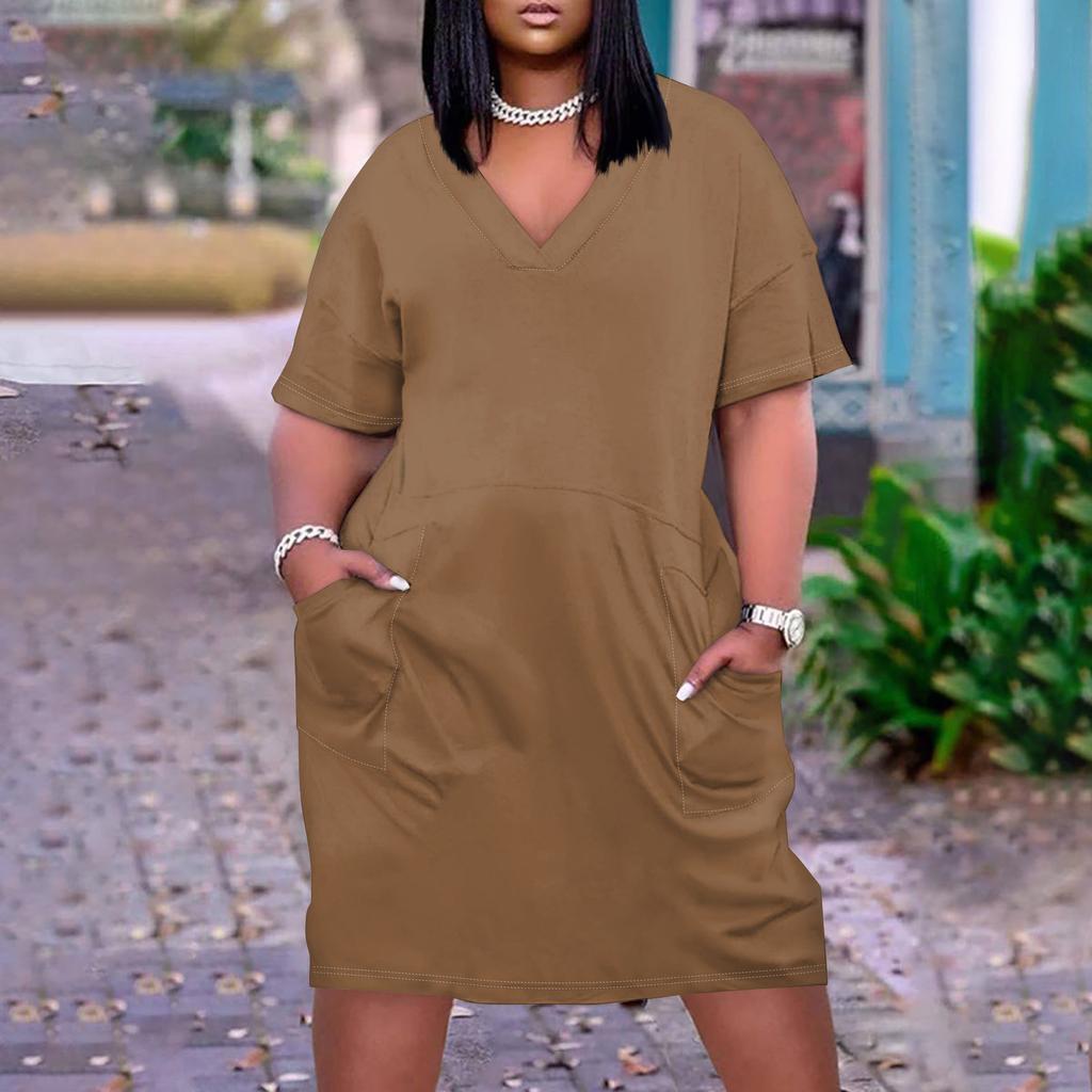 Лето плюс размер V-образным вырезом с коротким рукавом и карманом до колена с градиентным принтом повседневное платье для женщин