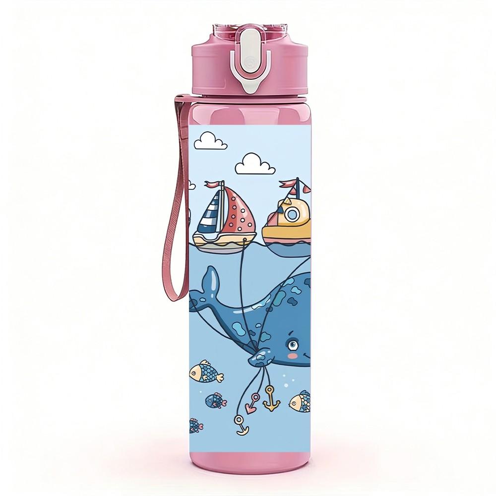 1PC Whale Ocean Cartoon Animal Print 750ml Color Plastic Sports Water Bottle Leakproof Flip Straw Lid Suitable for Sports Office Home Use