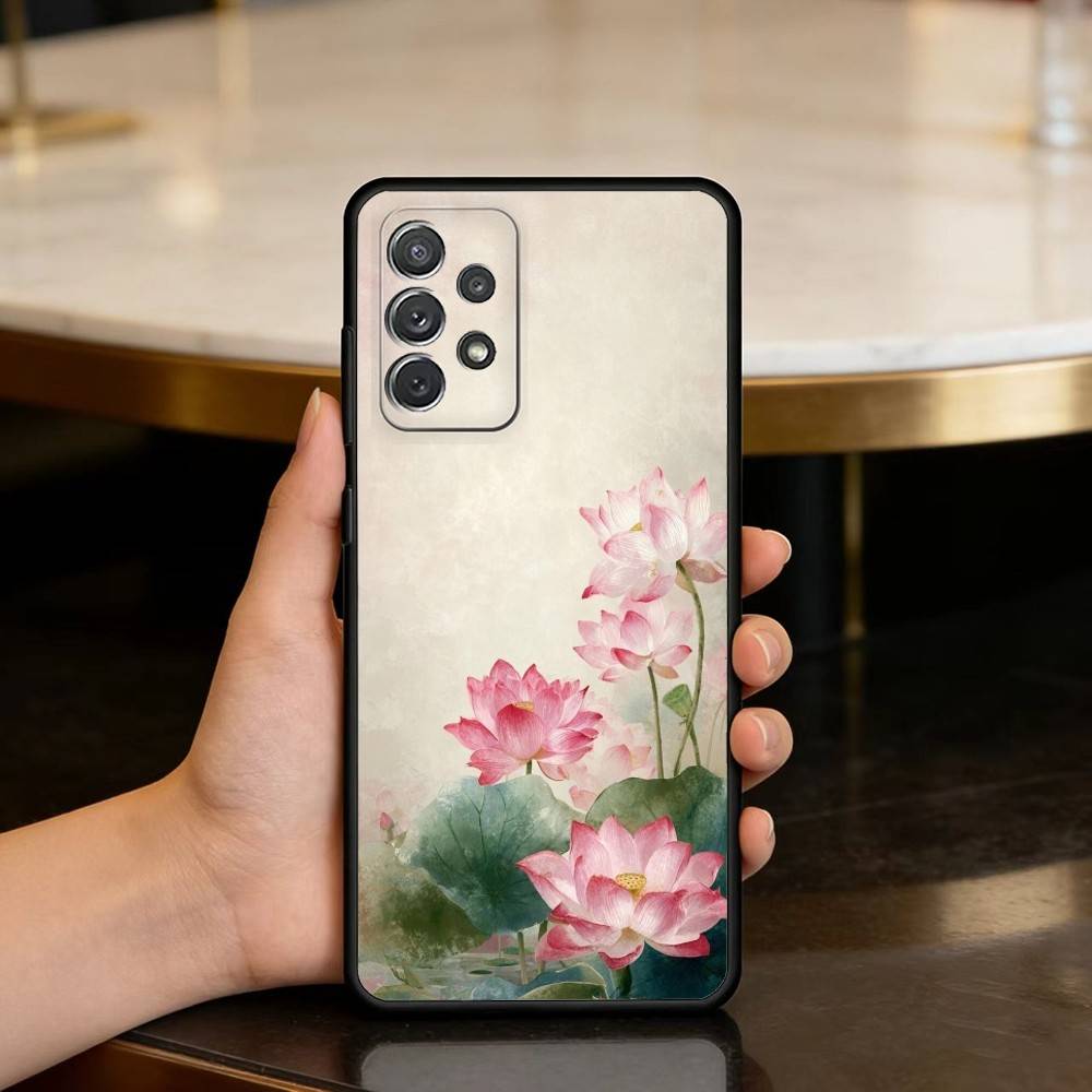 Emerald White Lotus Phone Case For Samsung Galaxy A73,A72,A71,A70,A53,A52,A51,Soft Silicone Black Cover