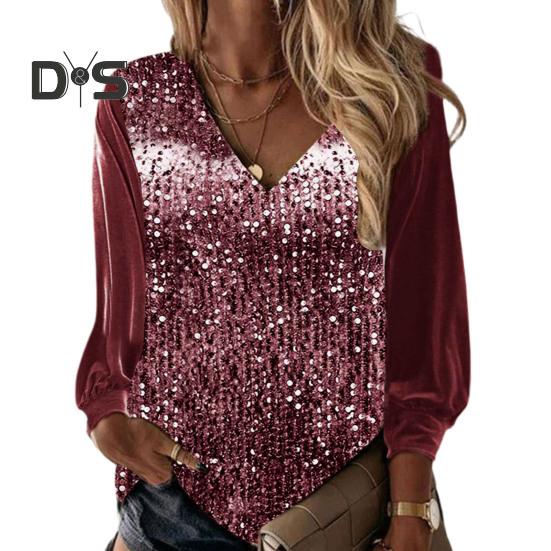 Fall Spring Women Top Shiny Sequin V Neck Long Sleeve Patchwork Loose Pullover Soft Breathable Mid Length Lady Commute Shirt Blouse