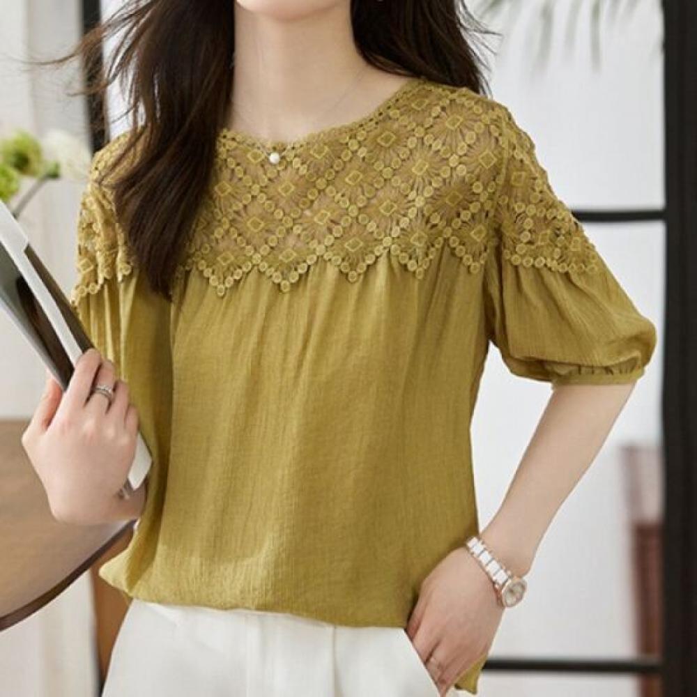 Navava Women Vintage Lace Puff Short Sleeve Blouse Nb2577