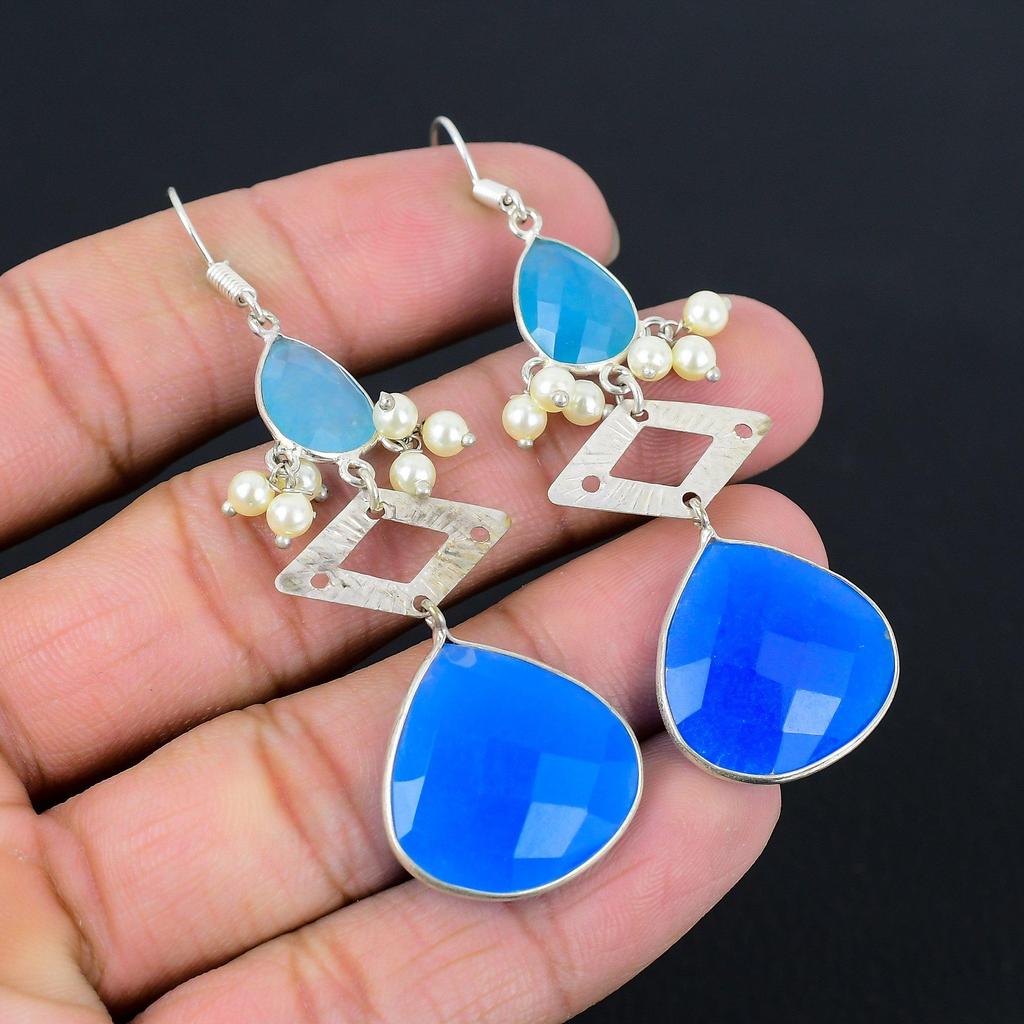 Предложение ко Дню дружбы Натуральный голубой халцедон Стерлинговое серебро Подвесные серьги Бохо
