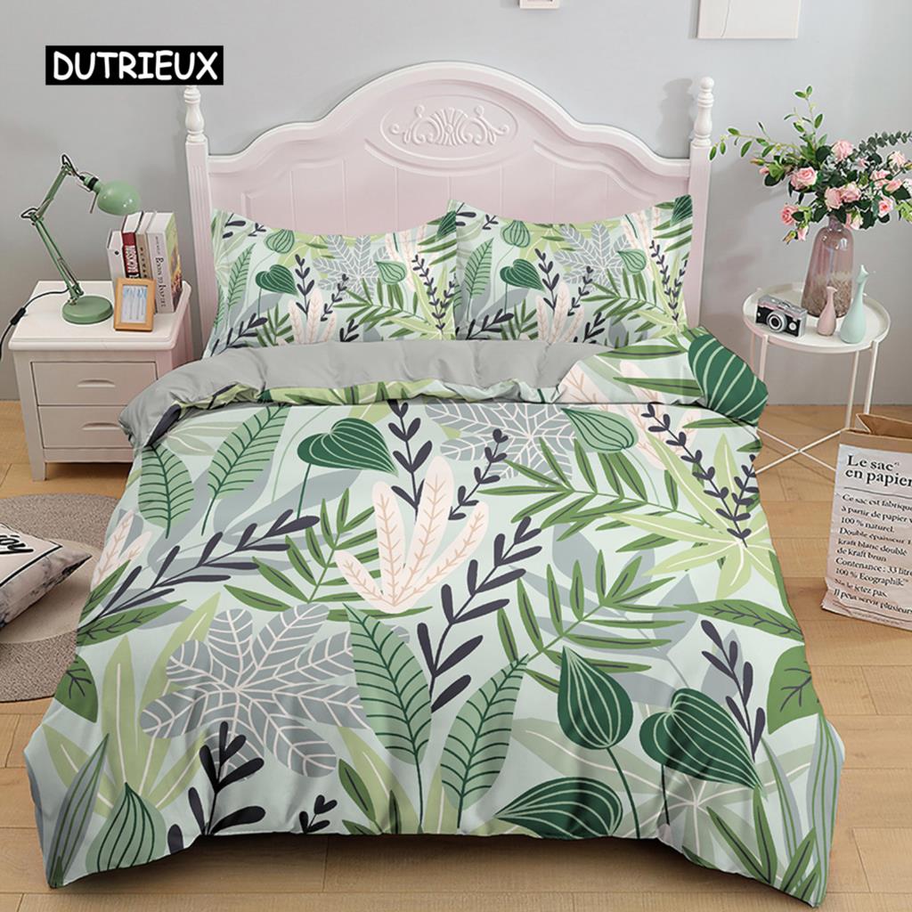 Тропические Ботанические Листья King Size Queen Size Пододеяльник Зеленые Пальмовые Листья Премиум Полиэстер Комплект Постельного Белья для Детей Подростков Взрослых с Наволочкой