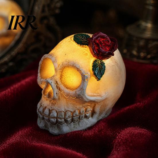 Spooky Skull Lamp Gothic Light Up Rose Flower Figurine, Day of Dead Resin Halloween Decor Statue, Skeleton Head for Desk Home