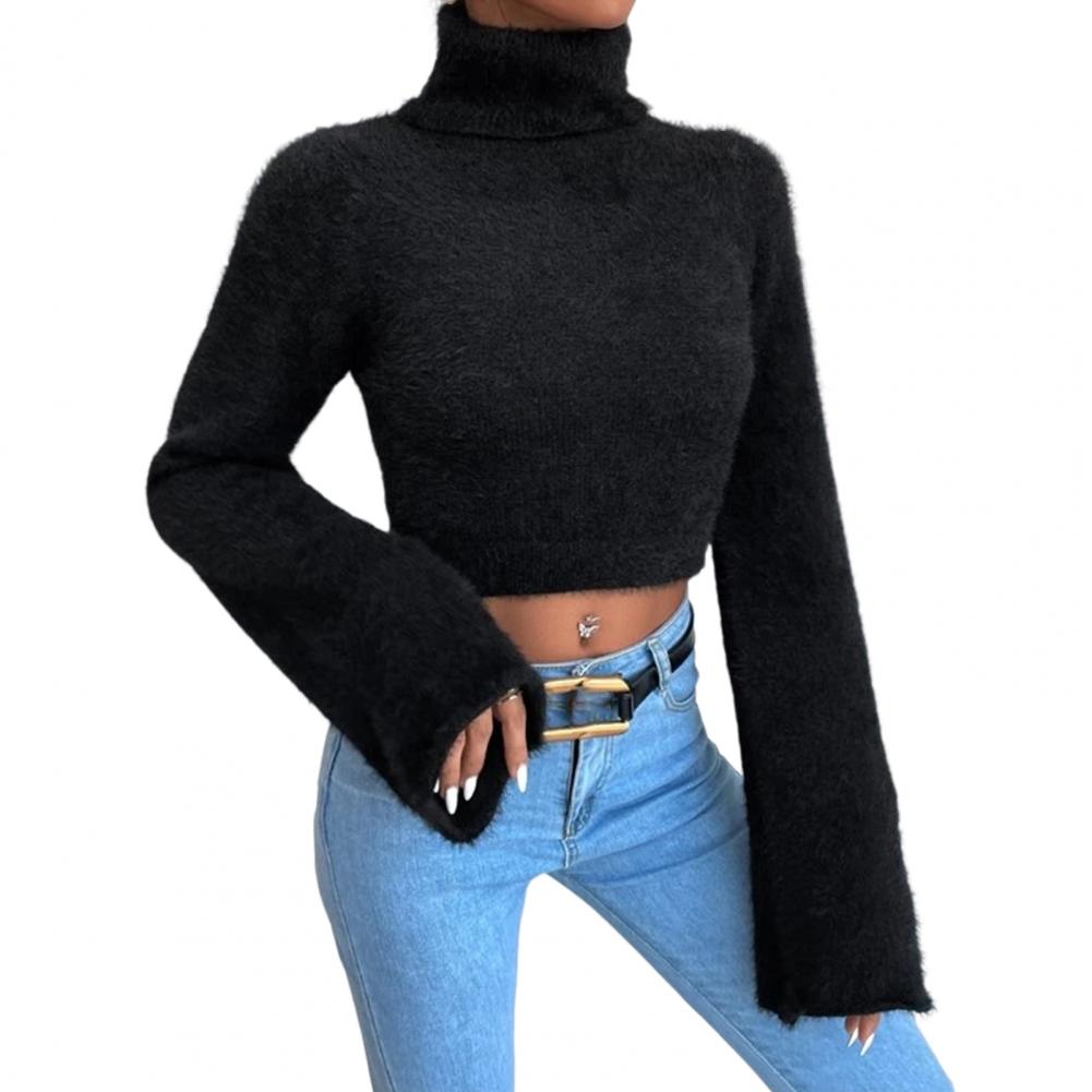 One Tone Plush Sweater Stylish Womens High Collar Cropped Sweater with Flared Long Sleeves Solid for Exposed for Stylishable