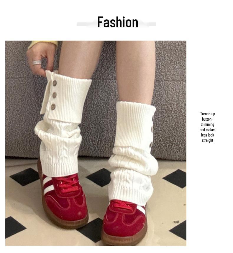 Autumn-Winter Merard Cable Knit Button Leg Warmers - Scrunched Mid-Calf, Thick, Warm, Japanese Retro Style.