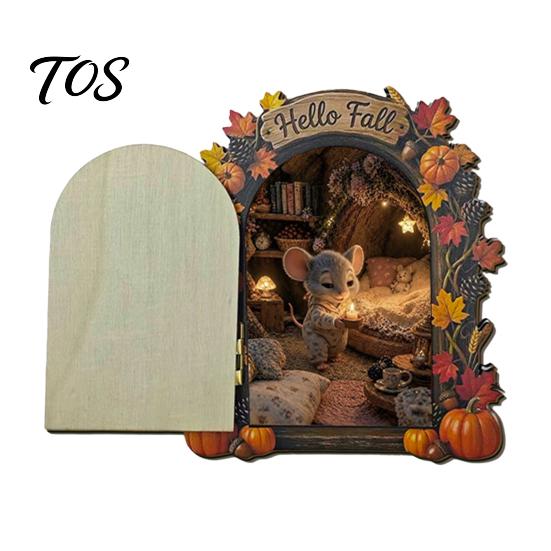 Elf Decorative Ornaments Wooden Door Halloween Decor, 2D Fairy Mouse Miniature Wall Rustic Autumn Shelf Decor Hanging, Ornament for Home, Thanksgiving