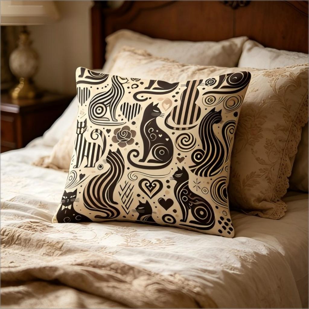 Retro Abstract Black Cat Print Pillow Cover, Mid-Century Modern Geometric Cat Pattern Cushion Case For Sofa Bedroom Home Decor