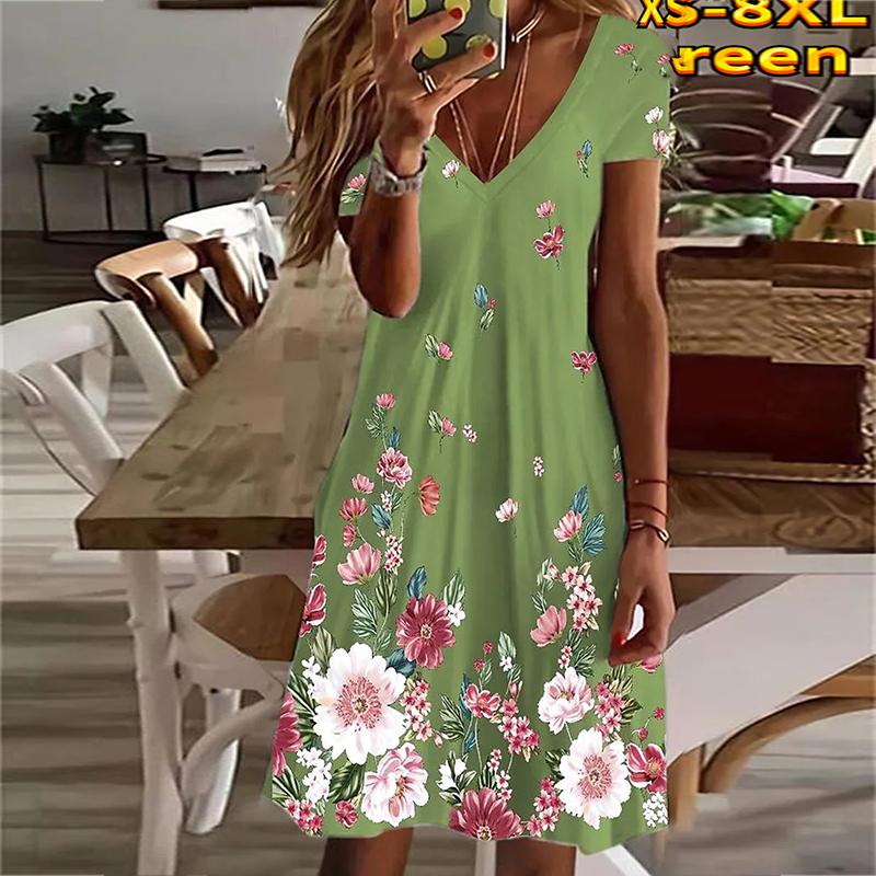 Летнее модное платье с v-образным вырезом, женское платье с коротким рукавом и красным цветочным принтом, свободное повседневное платье для женщин