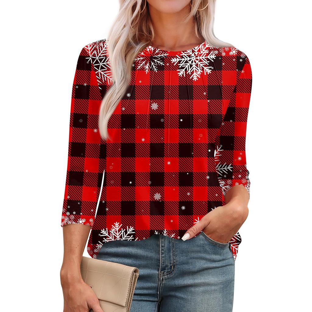 Женская модная футболка с круглым вырезом и рукавом 3/4 с принтом, повседневная, базовая, плиссированная, пуловер