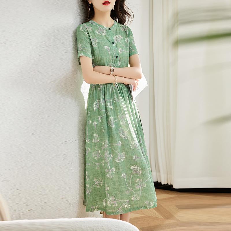 Женское летнее платье 2025 года с цветочным принтом из хлопка и льна - с коротким рукавом, приталенное, длинное, омолаживающее, модная повседневная одежда для мам