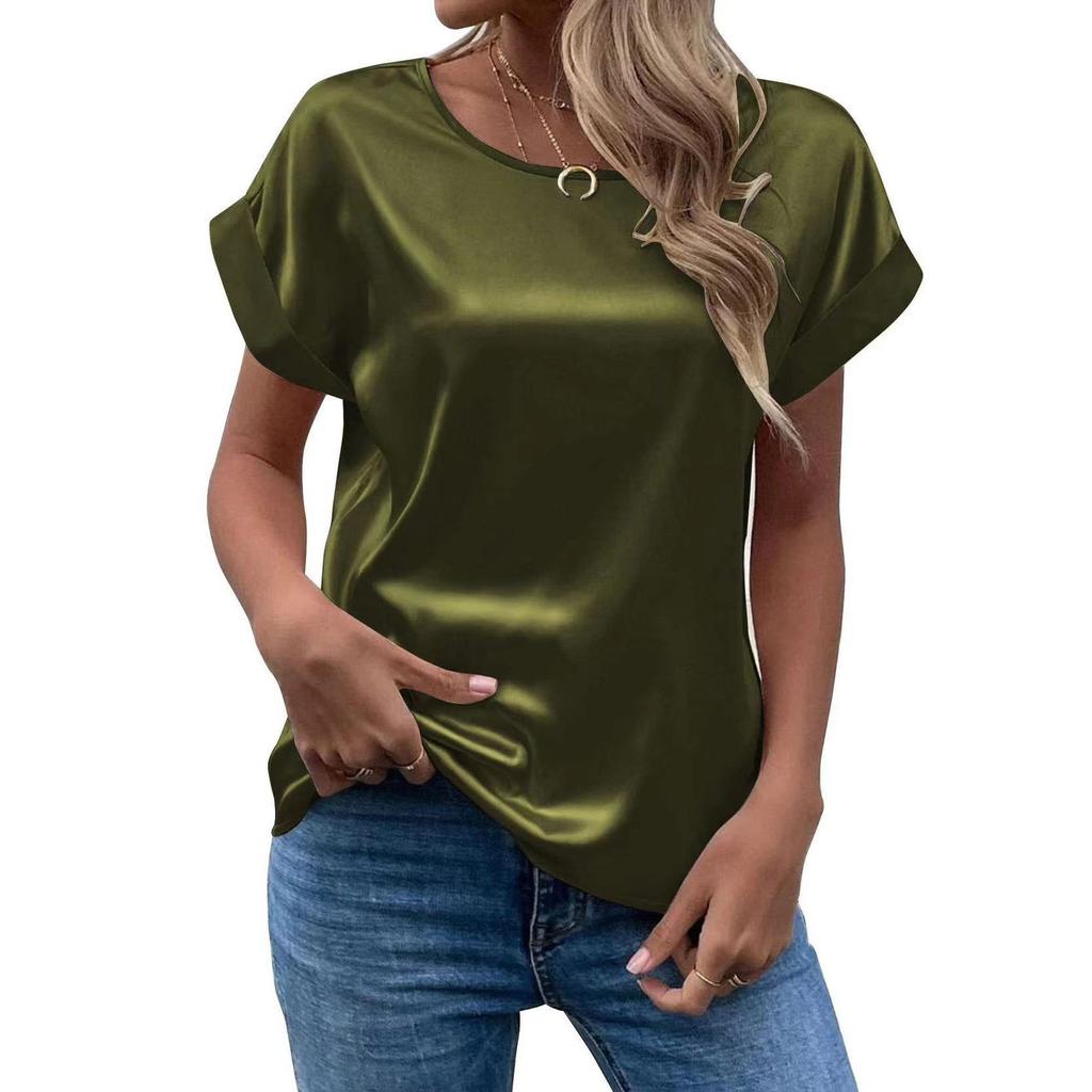 Spring and Summer New Women's Short Sleeve Satin Shirt Loose Casual Round Neck Colored Ding T-shirt Women