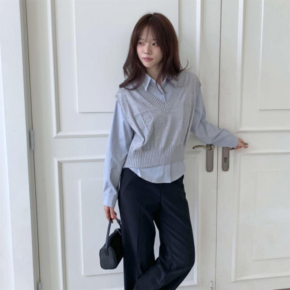 New Arrivals Open Run Women Ribbed Knit Vest And Cotton Shirt Set