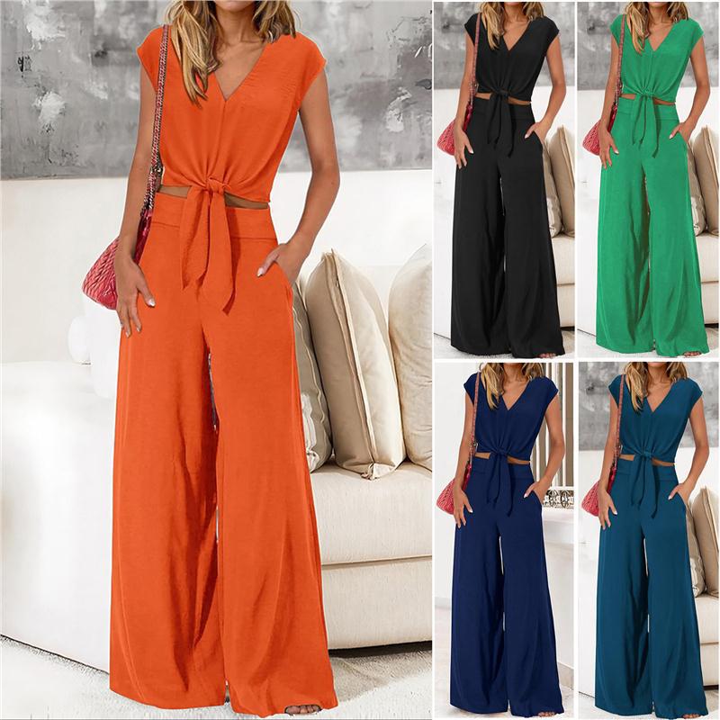 Spot 1116 summer European and American women's clothing V-neck lace-up open-button top high-waisted wide-leg pants two-piece set