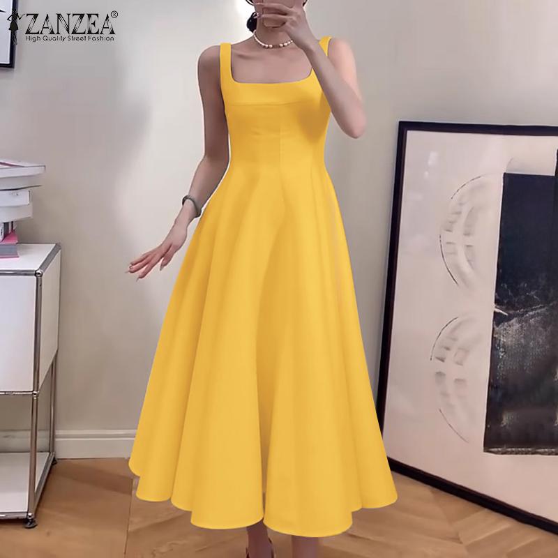 ZANZEA Women Elegant Square Neck Sleeveless Waisted A-Line Suspender Dress