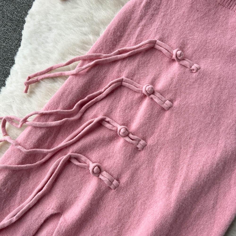 Вязаный кардиган-свитер на пуговицах-катушках в стиле ретро для осени и зимы + юбка миди с разрезом на бедре, комплект из двух предметов