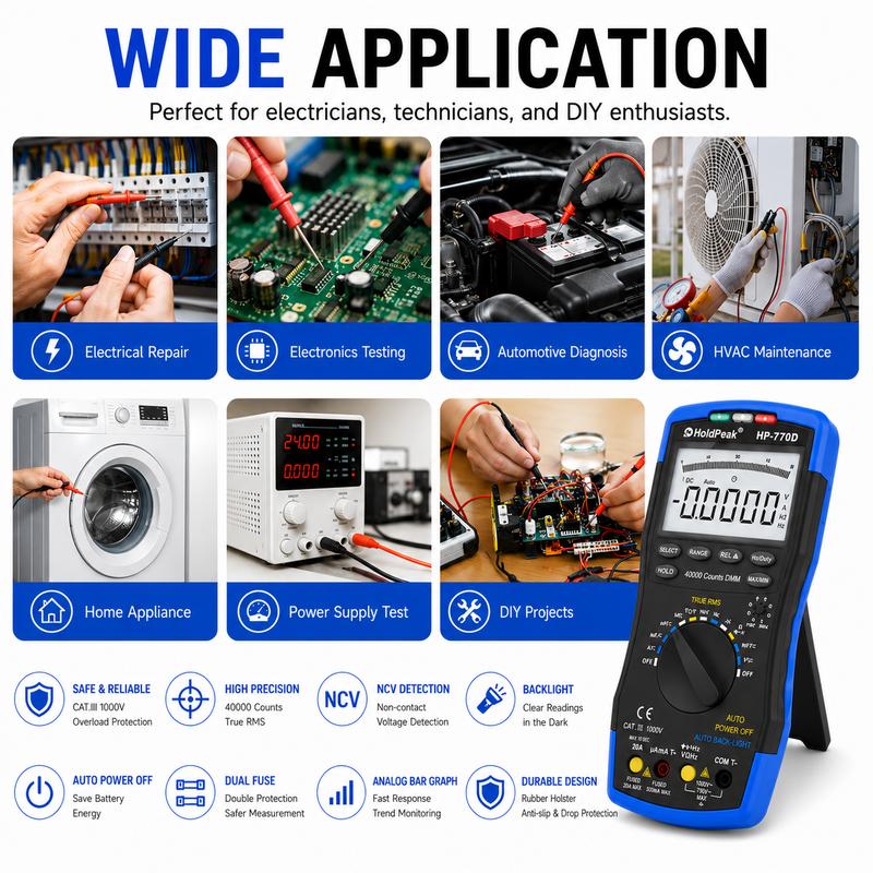 HP-770D True RMS Digital Multimeter 40000 Counts Auto Range NCV Voltage Current Tester with Temperature Test