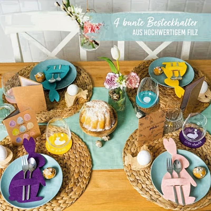 12pcs Non-Woven Fabric Easter Bunny Utensil Holder Cartoon Rabbit Cutlery Bags Desktop Decoration Solid Color Easter Fork Bag