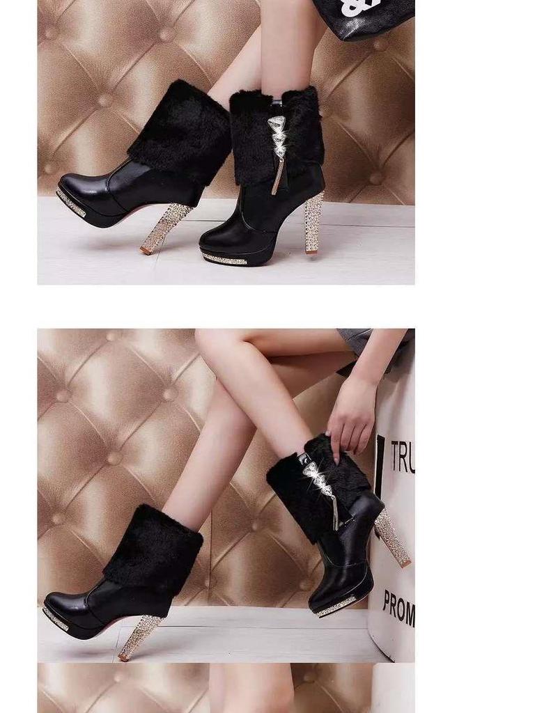 Женские черные ботильоны на толстом каблуке, с бантом и меховой подкладкой - зимние утепленные хлопковые сноубутсы