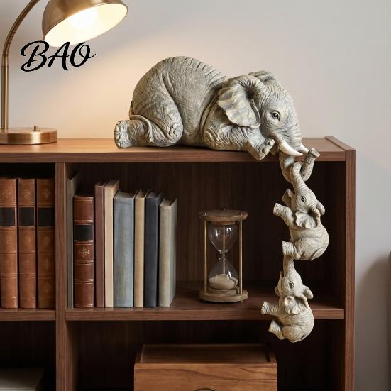 Symbolic Good Luck Elephant Decor Shelf Sitter, Mother Hanging 2 Baby Elephants on The Healing Animal Sculpture for Mantelpiece Edge, Hand-Painted