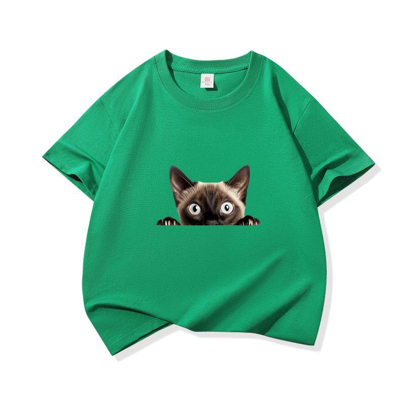 Kids Cotton T Shirt Peeking Cute Cat Pattern Print Crew Neck Short Sleeve Tee Casual Breathable Boys Girls Summer Tops