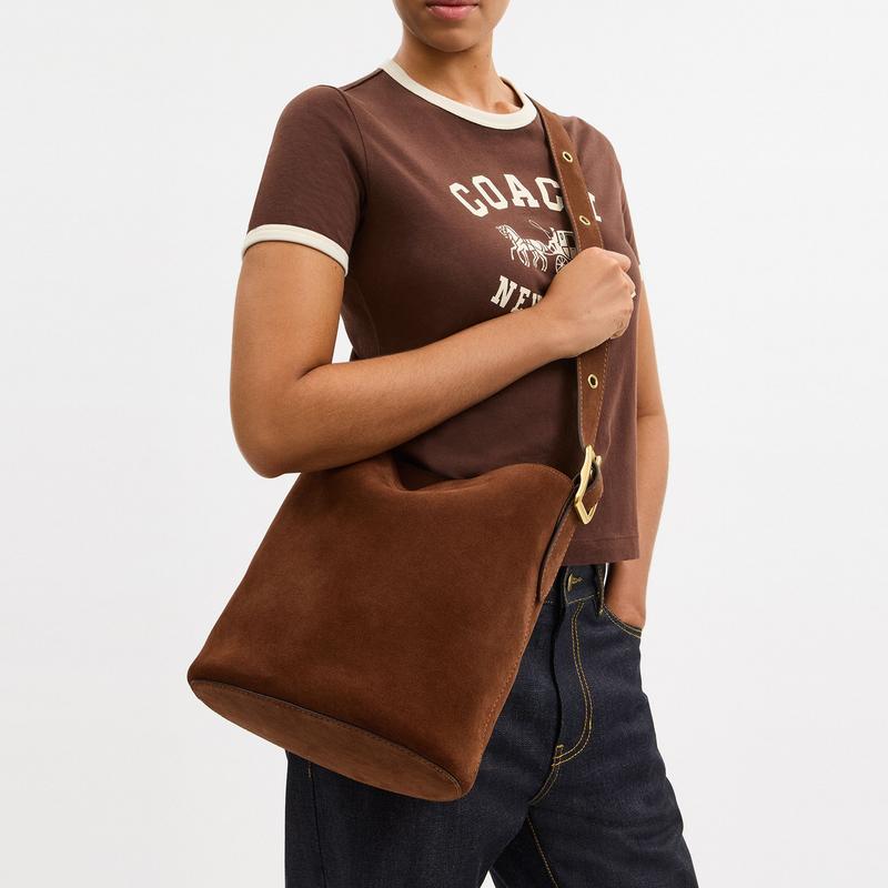 COACH Bleecker 28 brand micro-label metal hardware bucket bag mother bag crossbody cowhide shoulder bag large size women's warm brown