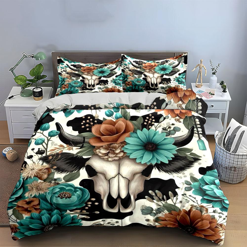 Floral Bull Skull Bedding Set Bedding Duvet Cover Set Duvet Cover Pillowcases (1 * Duvet Cover 2 * Pillowcases, without duvet insert)