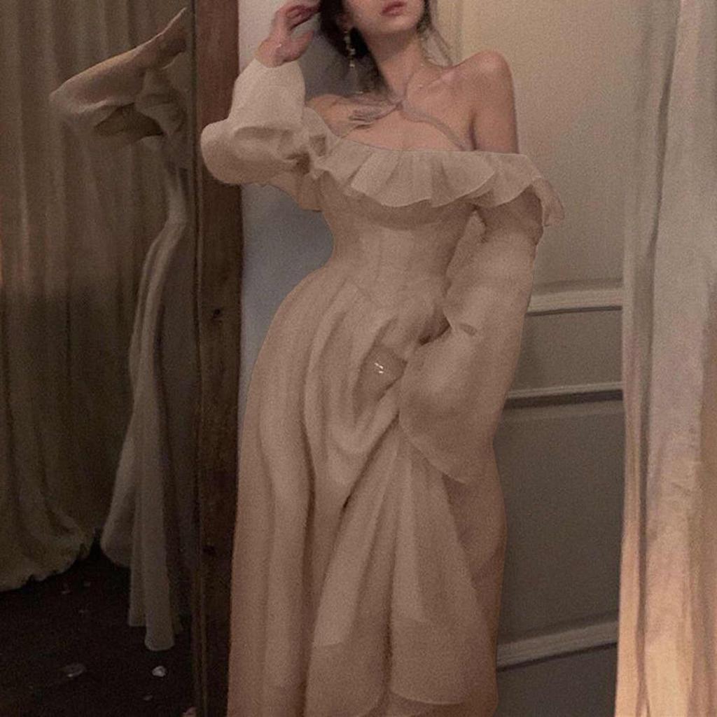 Модное женское элегантное французское платье с рукавами принцессы и открытыми плечами