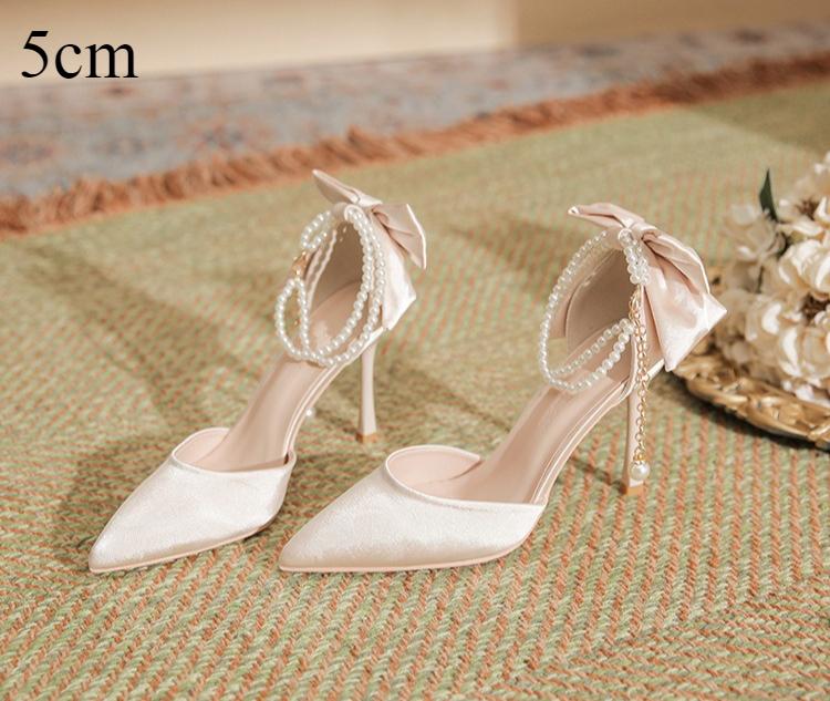 Женские туфли на высоком каблуке, новые, с острым носком, на тонком каблуке, из шелкового сатина, с полым каблуком, с бантом, на высоком каблуке, женские, универсальные, для通勤, одинарные туфли для женщин