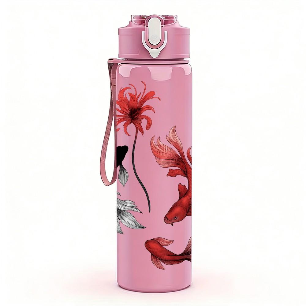 1PC Red Koi Fish And Lotus Art 750ml Color Plastic Sports Water Bottle Leakproof Flip Straw Lid Suitable for Sports Office Home Use