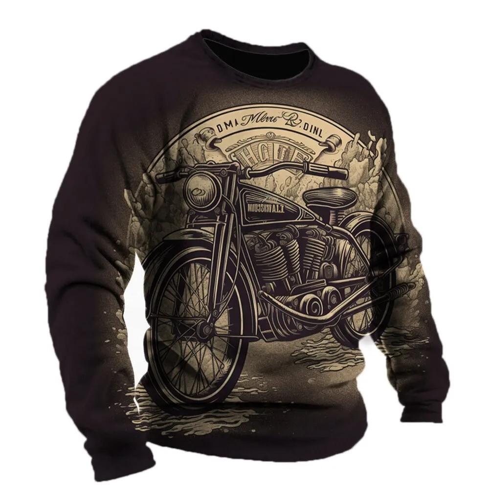 2024 Винтажная мужская футболка с рисунком мотоцикла Футболки с длинным рукавом с 3D-принтом Одежда Графическая уличная одежда больших размеров Мужская одежда
