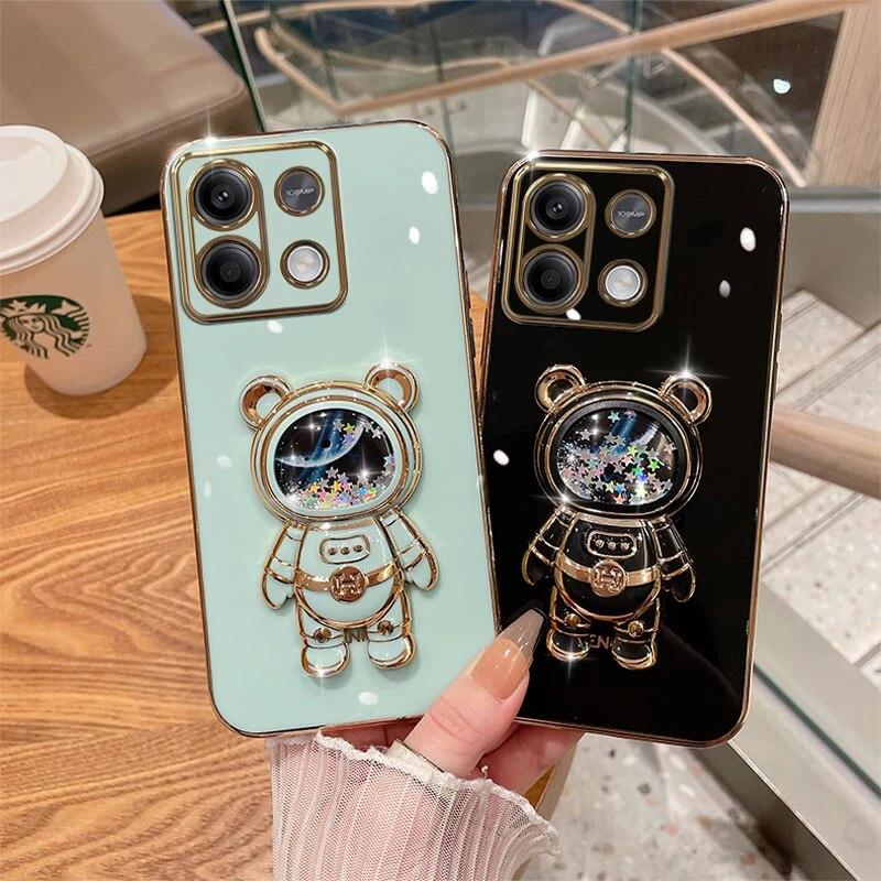 Чехол с 3D зыбучим песком и космическим медведем для Redmi Note 13 4G 5G, гальванический мягкий силиконовый милый чехол-кронштейн для Xiaomi Redmi Note 13 Pro Plus 12 Pro 11 10