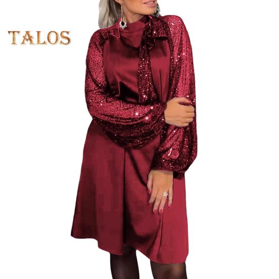 Lady Evening Dress Lace-up Strap Sequin Patchwork Long Lantern Sleeves Round Neck Spring Auutmn Midi Dress Loose Prom Party Dress